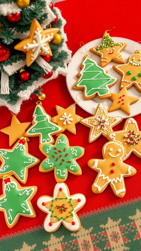 Decorated Christmas cookie ornaments in various shapes on a festive table.